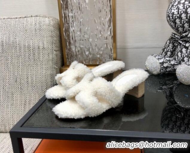 Best Grade Hermes Teddy Fur Medium Heel Slide Sandals 5cm White 071909