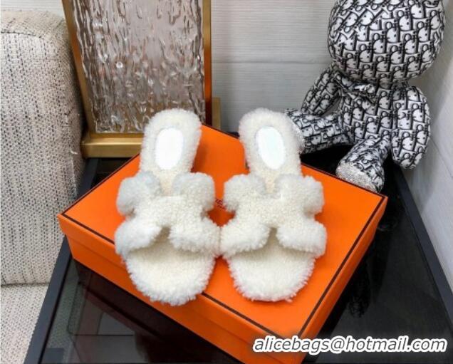 Best Grade Hermes Teddy Fur Medium Heel Slide Sandals 5cm White 071909