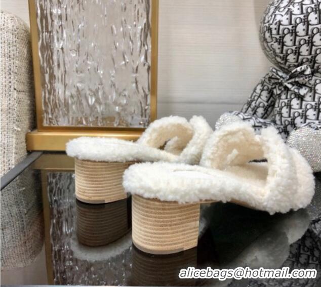 Best Grade Hermes Teddy Fur Medium Heel Slide Sandals 5cm White 071909