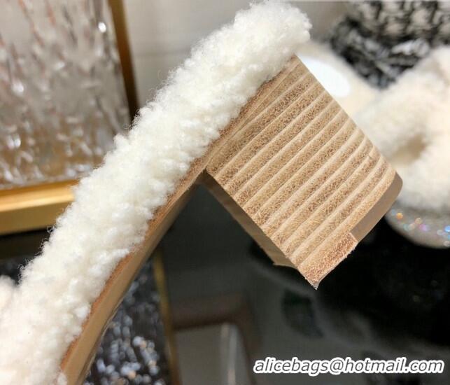 Best Grade Hermes Teddy Fur Medium Heel Slide Sandals 5cm White 071909