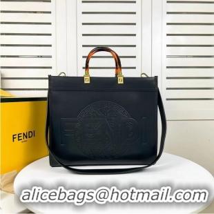 Good Product Fendi Sunshine Medium Fendace Printed black leather Logo shopper F0873 black