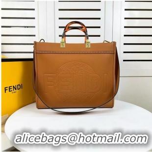 Good Product Fendi Sunshine Medium Fendace Printed black leather Logo shopper F0873 brown