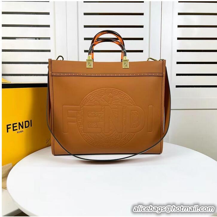 Good Product Fendi Sunshine Medium Fendace Printed black leather Logo shopper F0873 brown