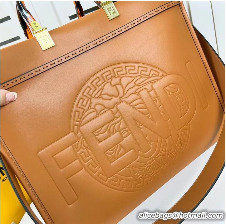 Good Product Fendi Sunshine Medium Fendace Printed black leather Logo shopper F0873 brown