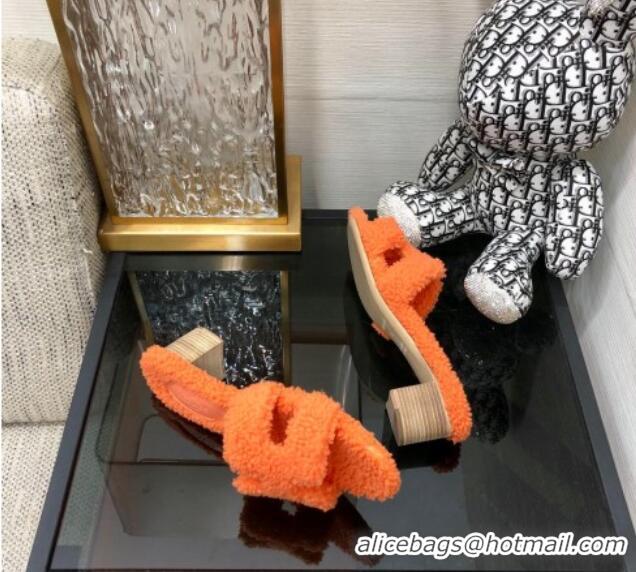 Low Cost Hermes Teddy Fur Medium Heel Slide Sandals 5cm Orange 071910