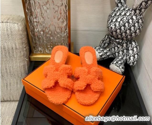 Low Cost Hermes Teddy Fur Medium Heel Slide Sandals 5cm Orange 071910