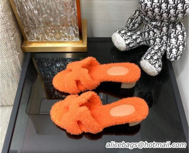 Low Cost Hermes Teddy Fur Medium Heel Slide Sandals 5cm Orange 071910