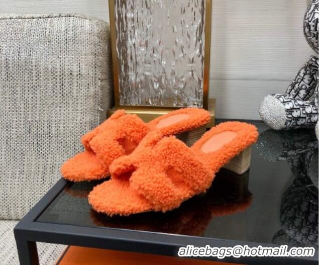 Low Cost Hermes Teddy Fur Medium Heel Slide Sandals 5cm Orange 071910