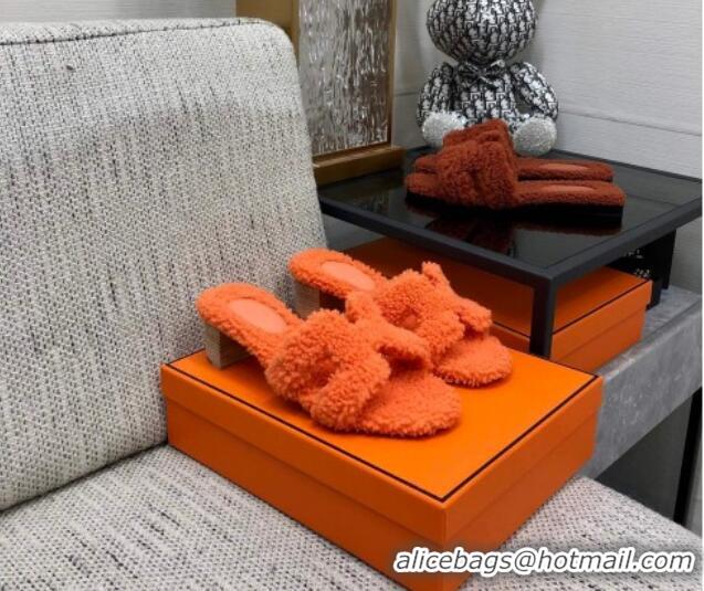 Low Cost Hermes Teddy Fur Medium Heel Slide Sandals 5cm Orange 071910