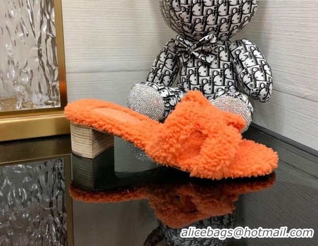 Low Cost Hermes Teddy Fur Medium Heel Slide Sandals 5cm Orange 071910