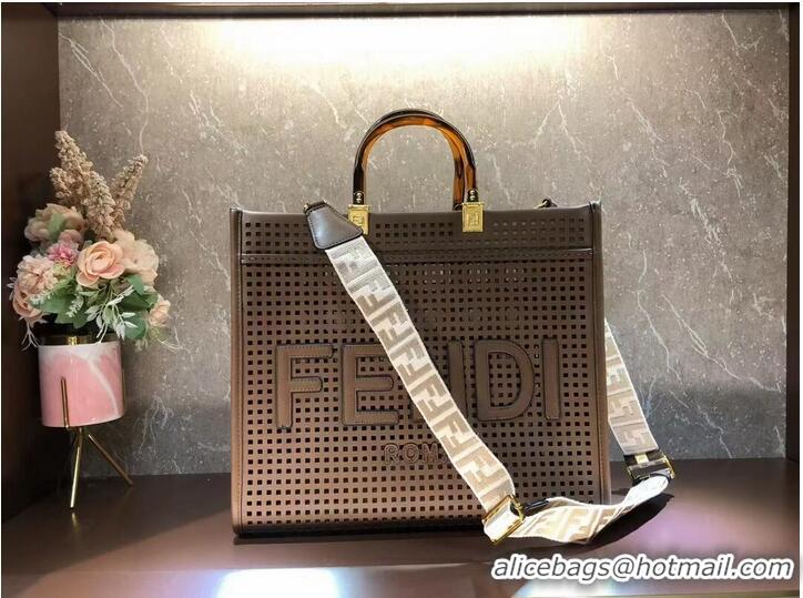 Inexpensive Fendi Sunshine Medium Two-toned perforated leather shopper 8BH386A Coffee