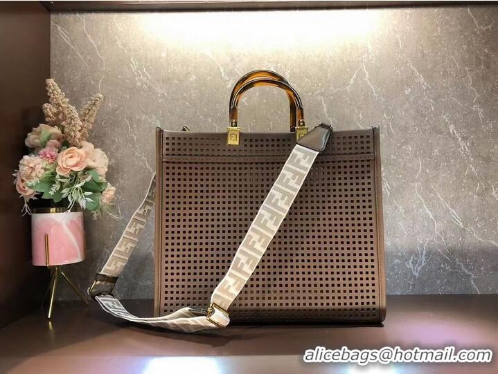 Inexpensive Fendi Sunshine Medium Two-toned perforated leather shopper 8BH386A Coffee