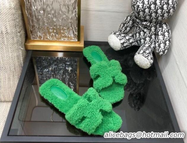 Chic Hermes Teddy Fur Flat Slide Sandals Grass Green 071911 