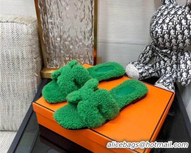 Chic Hermes Teddy Fur Flat Slide Sandals Grass Green 071911 