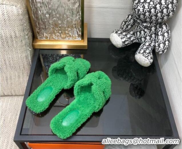 Chic Hermes Teddy Fur Flat Slide Sandals Grass Green 071911 