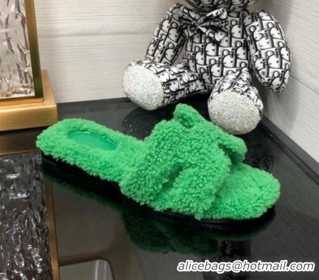 Chic Hermes Teddy Fur Flat Slide Sandals Grass Green 071911 