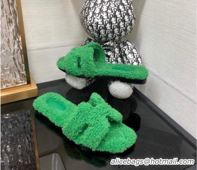 Chic Hermes Teddy Fur Flat Slide Sandals Grass Green 071911 