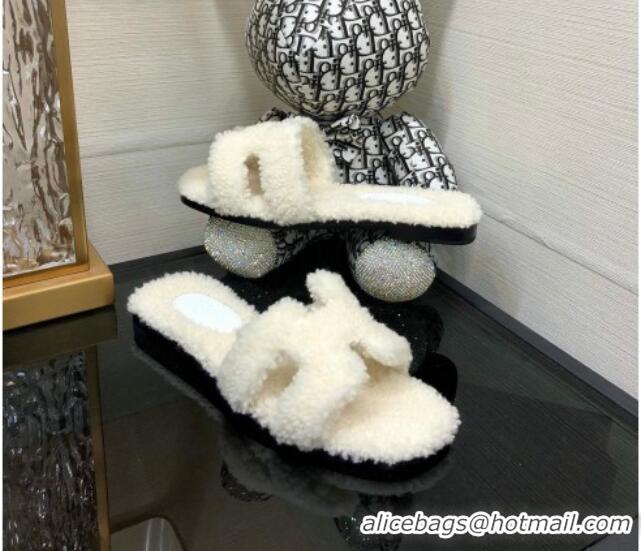 Grade Quality Hermes Teddy Fur Flat Slide Sandals White 071912 