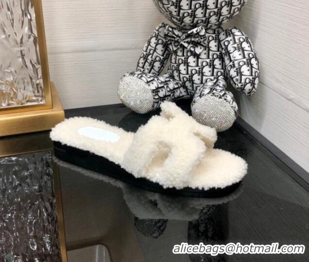 Grade Quality Hermes Teddy Fur Flat Slide Sandals White 071912 