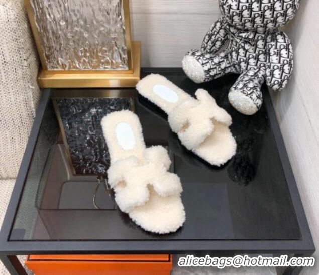 Grade Quality Hermes Teddy Fur Flat Slide Sandals White 071912 