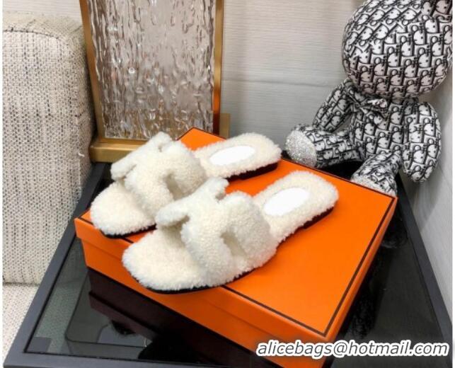 Grade Quality Hermes Teddy Fur Flat Slide Sandals White 071912 