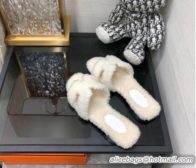 Grade Quality Hermes Teddy Fur Flat Slide Sandals White 071912 