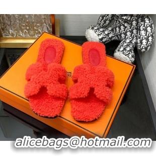 Popular Style Hermes Teddy Fur Flat Slide Sandals Red 071913