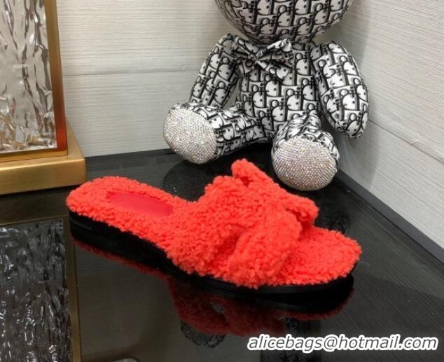 Popular Style Hermes Teddy Fur Flat Slide Sandals Red 071913