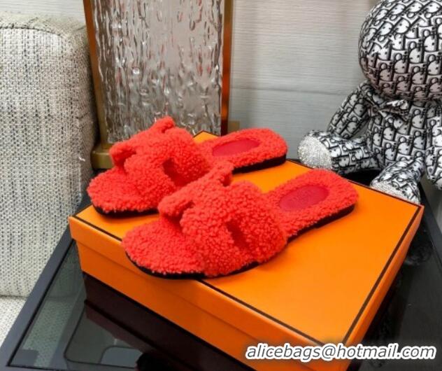 Popular Style Hermes Teddy Fur Flat Slide Sandals Red 071913