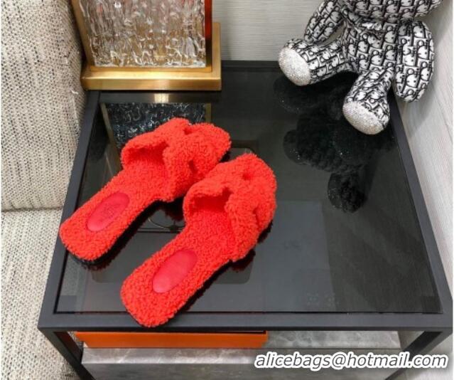 Popular Style Hermes Teddy Fur Flat Slide Sandals Red 071913