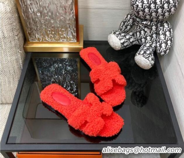 Popular Style Hermes Teddy Fur Flat Slide Sandals Red 071913