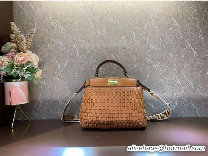 Low Cost Fendi Peekaboo Mini braided leather bag 8BN244A brown