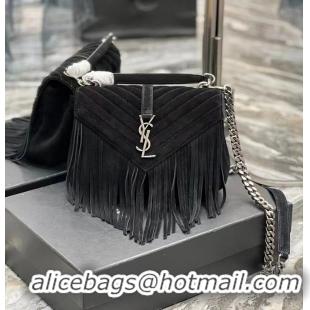 Super Quality SAINT LAURENT COLLEGE MEDIUM CHAIN BAG IN LIGHT SUEDE WITH FRINGES 5317050 black