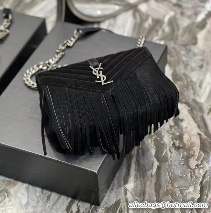 Super Quality SAINT LAURENT COLLEGE MEDIUM CHAIN BAG IN LIGHT SUEDE WITH FRINGES 5317050 black