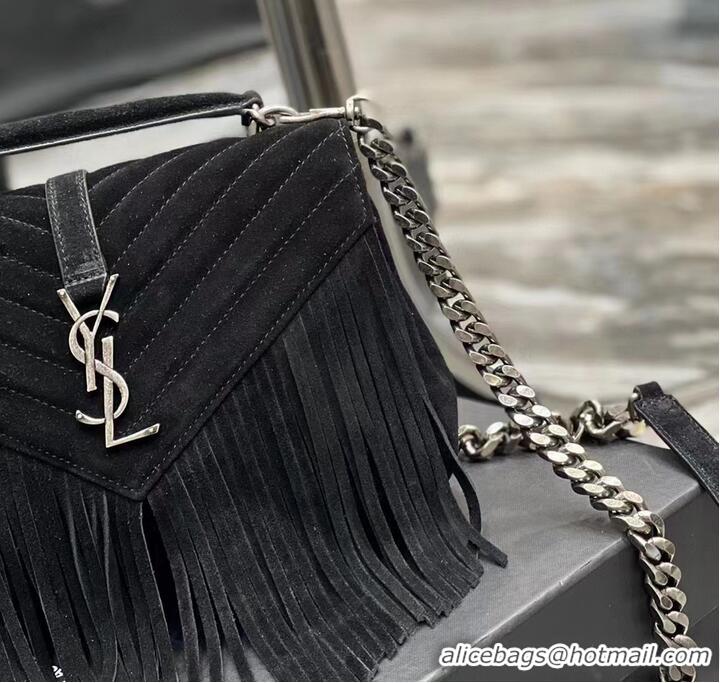 Super Quality SAINT LAURENT COLLEGE MEDIUM CHAIN BAG IN LIGHT SUEDE WITH FRINGES 5317050 black