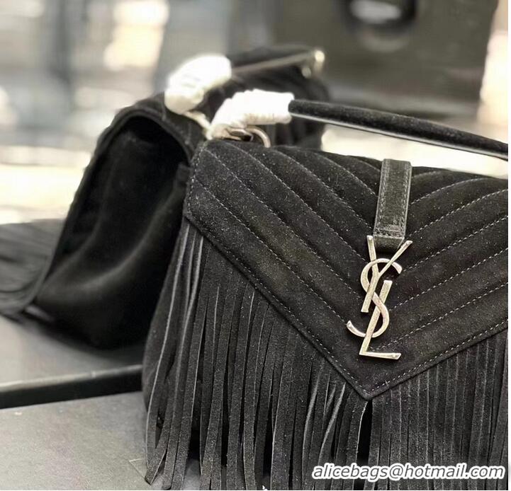 Super Quality SAINT LAURENT COLLEGE MEDIUM CHAIN BAG IN LIGHT SUEDE WITH FRINGES 5317050 black