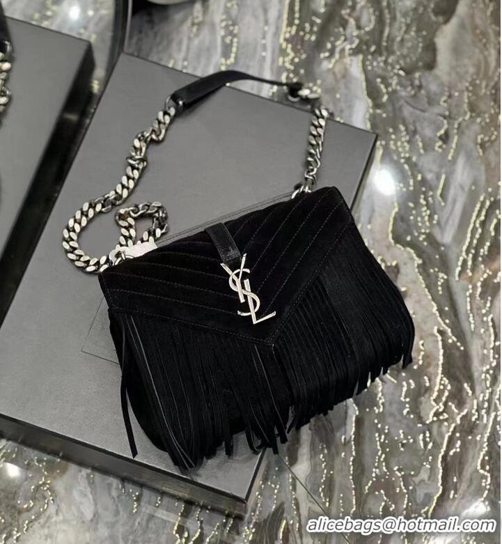 Super Quality SAINT LAURENT COLLEGE MEDIUM CHAIN BAG IN LIGHT SUEDE WITH FRINGES 5317050 black