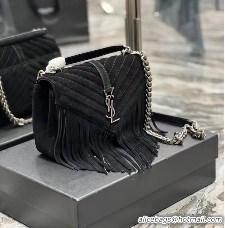 Super Quality SAINT LAURENT COLLEGE MEDIUM CHAIN BAG IN LIGHT SUEDE WITH FRINGES 5317050 black