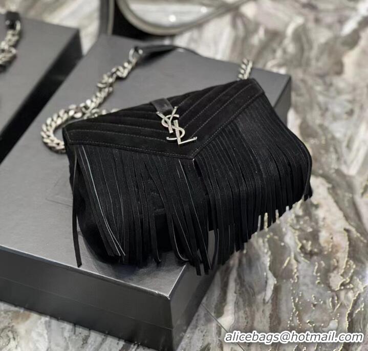 Super Quality SAINT LAURENT COLLEGE MEDIUM CHAIN BAG IN LIGHT SUEDE WITH FRINGES 5317050 black