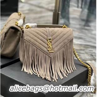 Discount SAINT LAURENT COLLEGE MEDIUM CHAIN BAG IN LIGHT SUEDE WITH FRINGES 5317050 DUSTY GREY