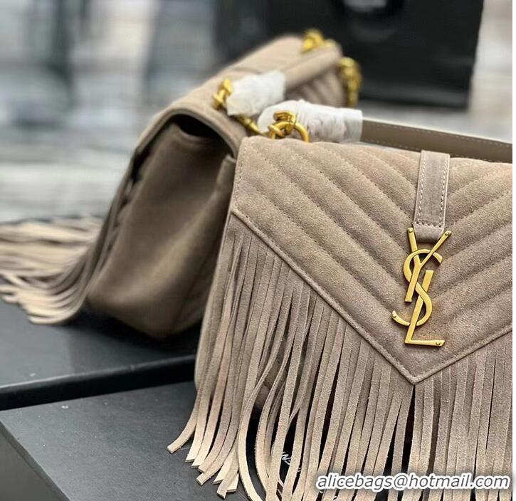 Discount SAINT LAURENT COLLEGE MEDIUM CHAIN BAG IN LIGHT SUEDE WITH FRINGES 5317050 DUSTY GREY