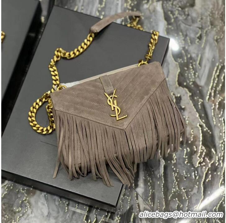 Discount SAINT LAURENT COLLEGE MEDIUM CHAIN BAG IN LIGHT SUEDE WITH FRINGES 5317050 DUSTY GREY