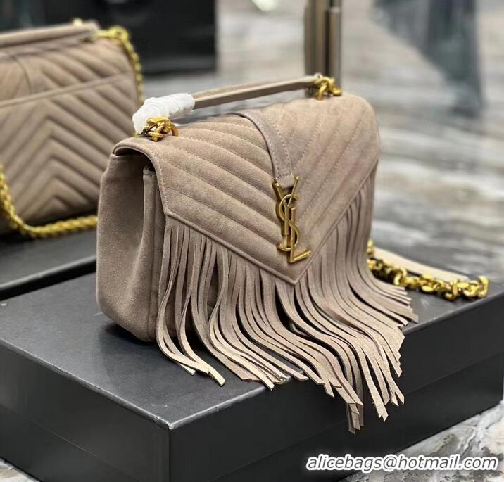 Discount SAINT LAURENT COLLEGE MEDIUM CHAIN BAG IN LIGHT SUEDE WITH FRINGES 5317050 DUSTY GREY