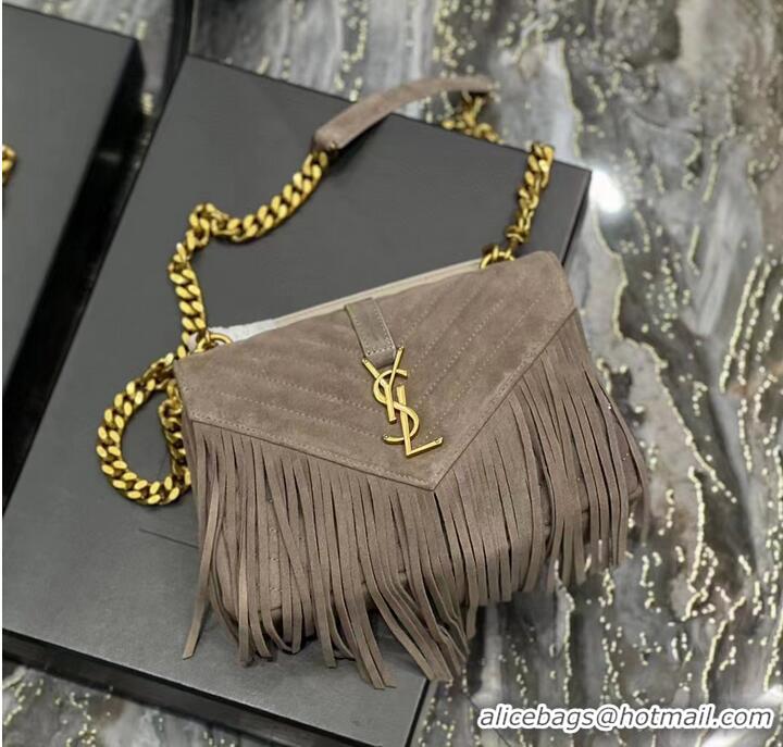 Discount SAINT LAURENT COLLEGE MEDIUM CHAIN BAG IN LIGHT SUEDE WITH FRINGES 5317050 DUSTY GREY