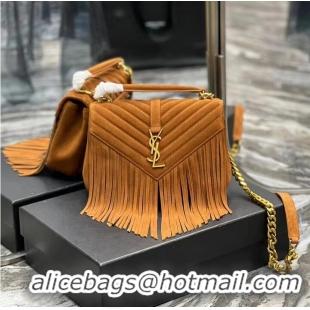 Luxurious SAINT LAURENT COLLEGE MEDIUM CHAIN BAG IN LIGHT SUEDE WITH FRINGES 5317050 CINNAMON