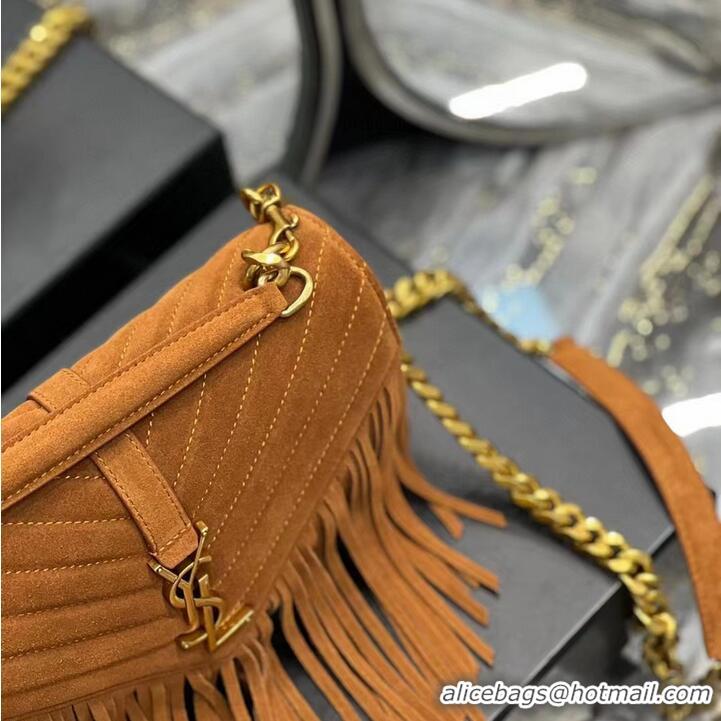 Luxurious SAINT LAURENT COLLEGE MEDIUM CHAIN BAG IN LIGHT SUEDE WITH FRINGES 5317050 CINNAMON