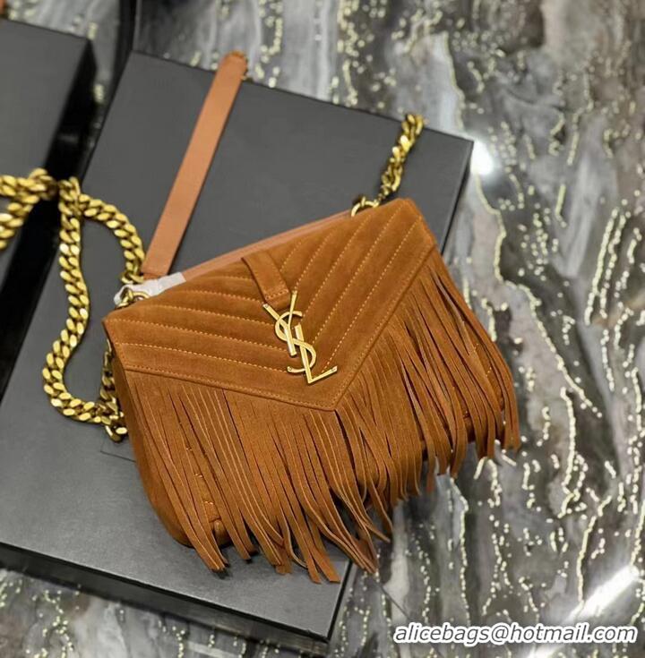 Luxurious SAINT LAURENT COLLEGE MEDIUM CHAIN BAG IN LIGHT SUEDE WITH FRINGES 5317050 CINNAMON