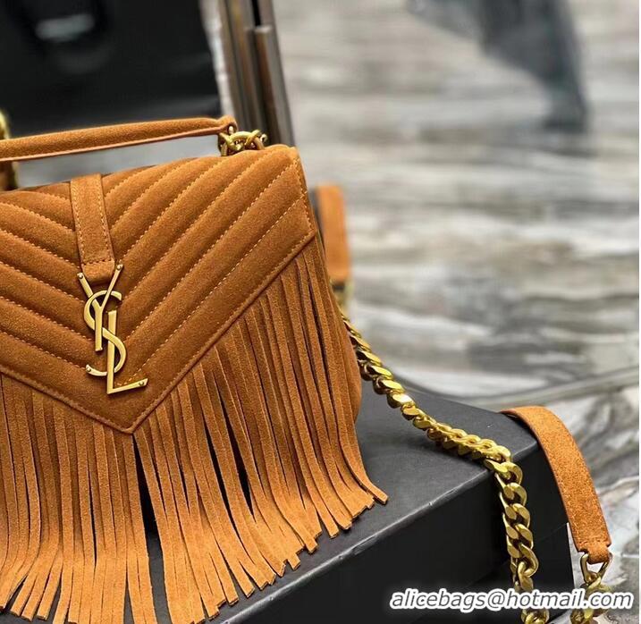 Luxurious SAINT LAURENT COLLEGE MEDIUM CHAIN BAG IN LIGHT SUEDE WITH FRINGES 5317050 CINNAMON