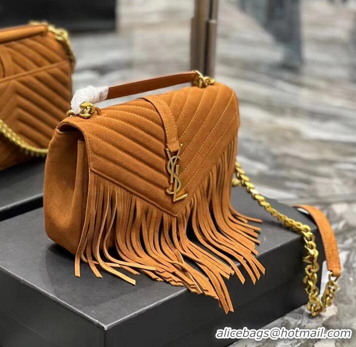 Luxurious SAINT LAURENT COLLEGE MEDIUM CHAIN BAG IN LIGHT SUEDE WITH FRINGES 5317050 CINNAMON