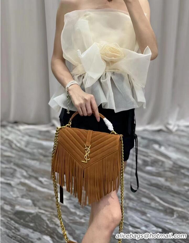 Luxurious SAINT LAURENT COLLEGE MEDIUM CHAIN BAG IN LIGHT SUEDE WITH FRINGES 5317050 CINNAMON